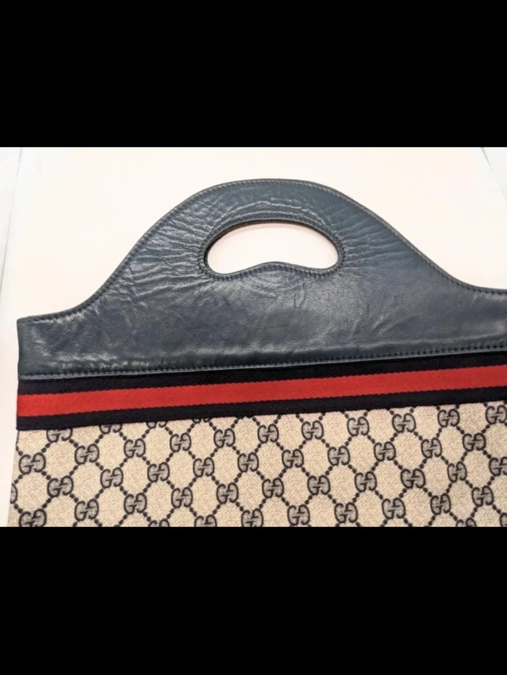 Gucci Beige GG Canvas Tote with Navy Leather and Red Stripe